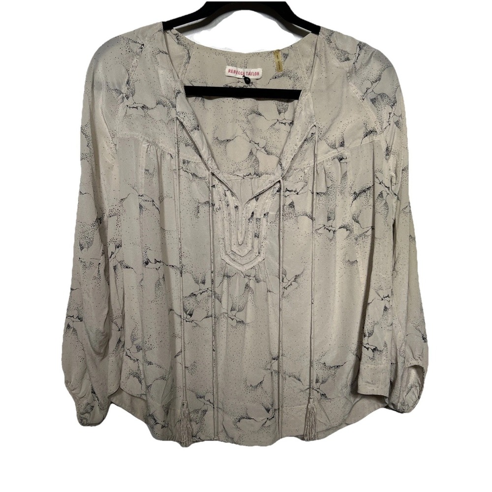 Rebecca Taylor 100% Silk Blouse Beige Abstract Women's Size 8 Boho
